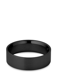 Black metal ring with a smooth, matte finish. Features a flat, wide band and rounded inner edge. No visible patterns or accents.