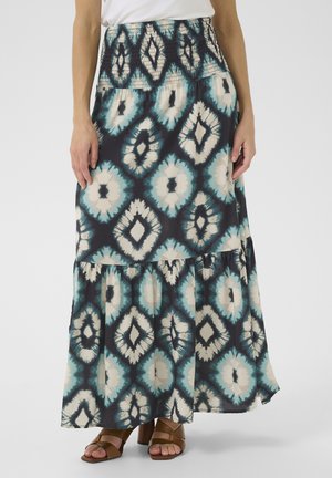 Maxi-Rock mit elastischem Bund, aus einem leichten Stoff mit einem blauen, beigen und schwarzen Diamantmuster und einem fließenden Saum.