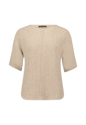 Beżowy krótki sweter z dzianiny z krótkim rękawem, okrągłym dekoltem i teksturowanym pionowym wzorem na środku przodu.