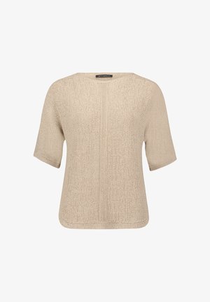 Pull beige à manches courtes en maille avec encolure ronde et motif vertical texturé au centre devant.