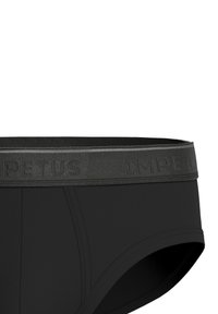 Black men's brief with a grey elastic waistband featuring raised "IMPETUS" lettering, smooth texture, and a fitted design.