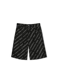 Shorts noirs avec un logo "KARL LAGERFELD" en répétition sur l'ensemble dans une teinte plus claire. Coupe classique avec poches et fermeture à bouton.