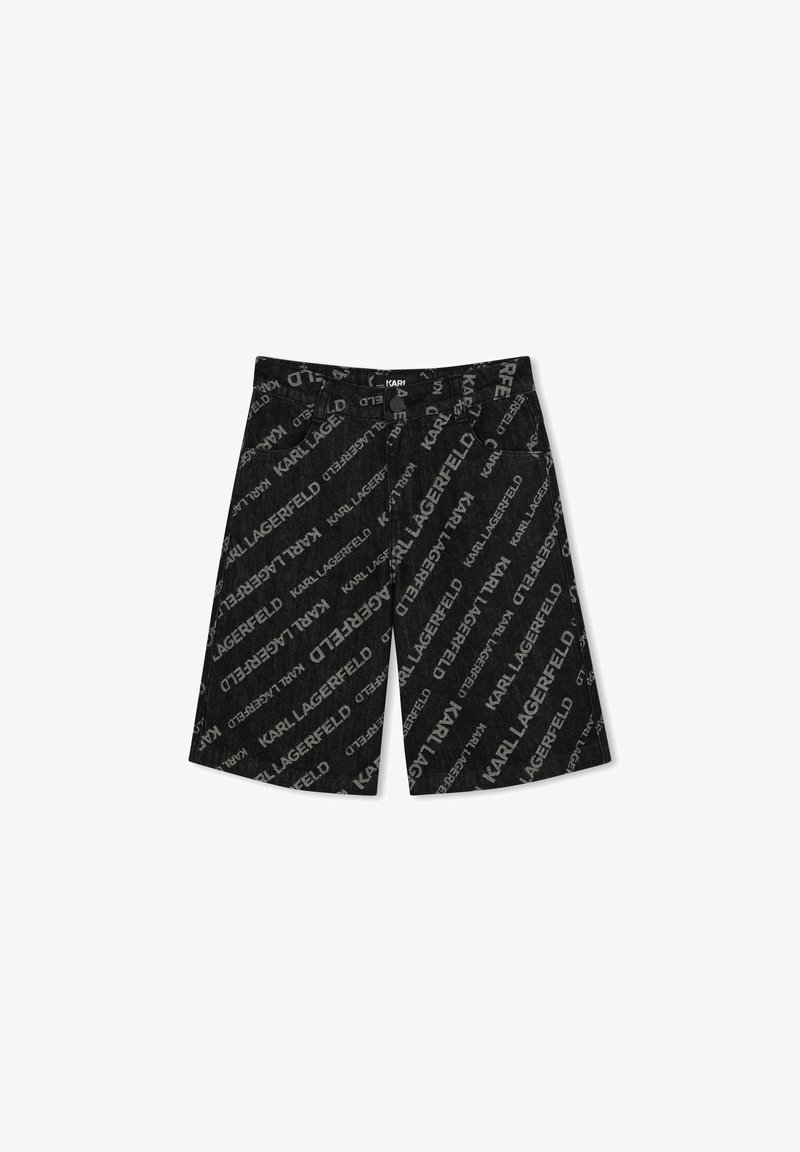 Shorts noirs avec un logo "KARL LAGERFELD" en répétition sur l'ensemble dans une teinte plus claire. Coupe classique avec poches et fermeture à bouton.