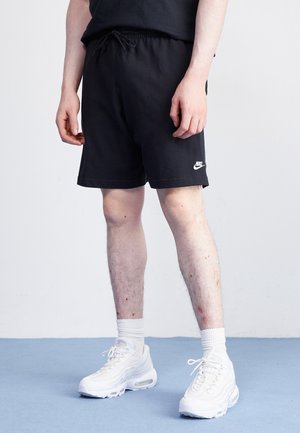 Persona con pantalones cortos negros de Nike, calcetines blancos hasta la pantorrilla y zapatillas blancas Nike, de pie sobre un suelo azul claro frente a una pared blanca.