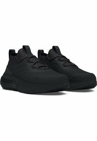 Black athletic shoes featuring a mesh upper, textured surface, padded collar, and rubber sole with cushioning technology. Laces secured.