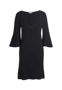 Schwarzes Strickkleid mit tiefem V-Ausschnitt, drei Viertel langen Glockenärmeln und lockerer Passform. Glatte Textur und knielanges Design.