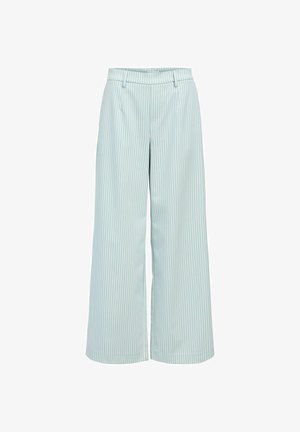 Hellblaue Hosen mit weitem Bein und vertikalen weißen Streifen, die eine glatte Textur und einen elastischen Bund für Komfort bieten.