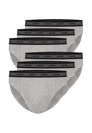 Fünf Paar grauer Herren-Slips mit schwarzen elastischen Taillenbändern, auf denen der Markenname "nur der" mehrfach rundum aufgedruckt ist.