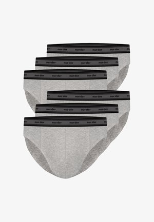 Fem par grå herretrusser med sorte elastiske linninger med mærket "nur der" gentaget rundt om linningen.