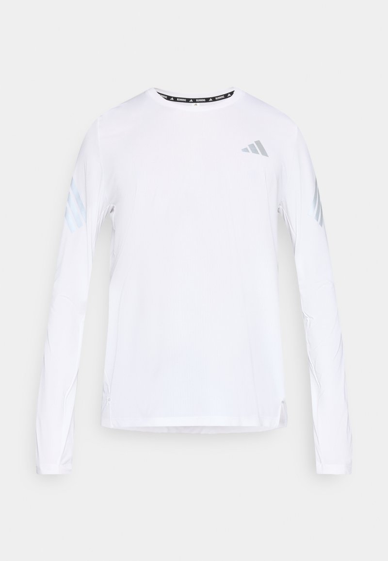 Λευκό αθλητικό μπλουζάκι με μακριά μανίκια, στρογγυλή λαιμόκοψη, υφασμάτινη υφή και μπλε ρίγες στα μανίκια. Διαθέτει πλευρικές σχισμές.