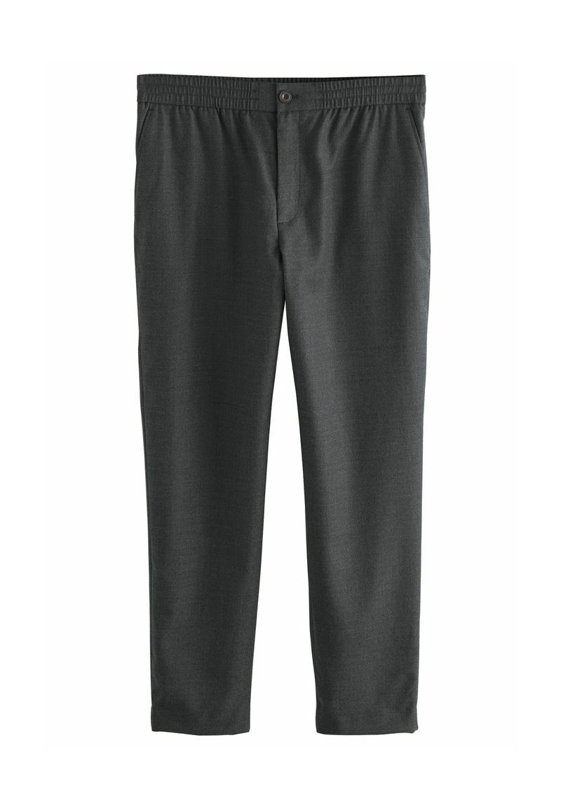 Pantalons gris foncé avec une texture lisse, taille élastique et fermeture à bouton. Présente un design à jambes droites et des poches latérales.