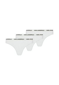 Kolm valget tangastiilis aluspesu, mille vöökohal on must "KARL LAGERFELD" logo, korraldatud sammhaaval reas.