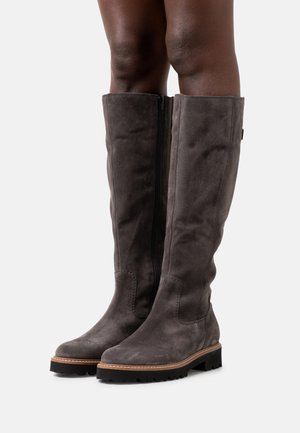 Knee-high gray suede boots with a side zipper, flat rubber sole, and stitched detailing along the seam and sole for added texture.