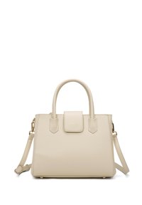 Borsa a mano in finta pelle beige con forma rettangolare, doppi manici superiori, tracolla staccabile e finiture in metallo dorato.