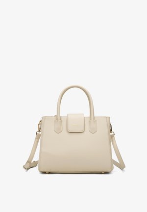 Sac à main en cuir synthétique beige de forme rectangulaire, avec des poignées supérieures doubles, une bandoulière amovible et des accents en métal doré.