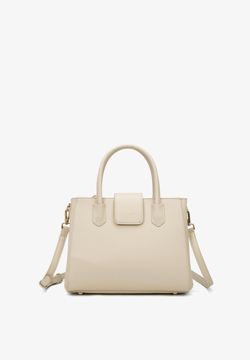 Borsa a mano in finta pelle beige con forma rettangolare, doppi manici superiori, tracolla staccabile e finiture in metallo dorato.