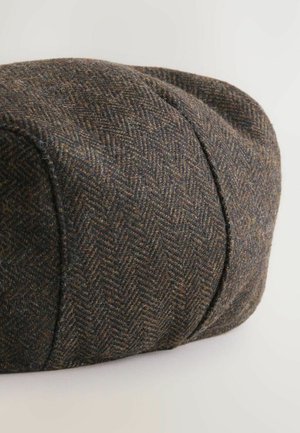 Kappe im Fischgrätmuster aus strukturiertem, dunkelbraunem Tweed, mit runder Form, gesteppten Akzenten und umgeschlagenem Rand.