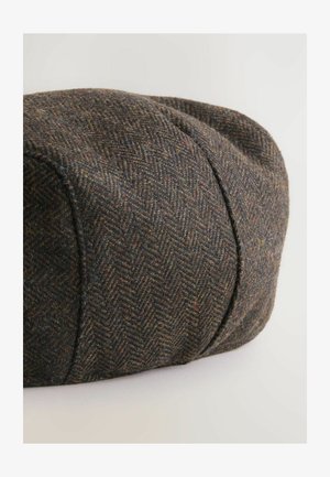 Kappe im Fischgrätmuster aus strukturiertem, dunkelbraunem Tweed, mit runder Form, gesteppten Akzenten und umgeschlagenem Rand.