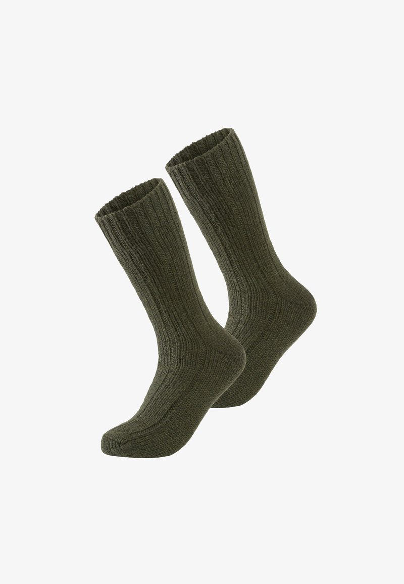 Olivgrüne gerippte Socken aus dickem Strick mit umgeschlagenem Bündchen und verstärktem Fersenbereich, die eine robuste Textur und einen bequemen Sitz bieten.
