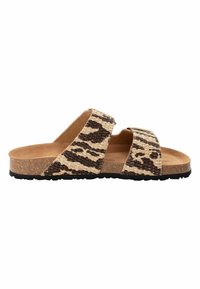Cork sole sandals with two wide straps featuring a beige and black leopard pattern, textured surface, and lightweight construction.