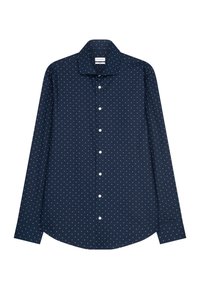Marineblauw shirt met lange mouwen, witte stippen, knoopsluiting aan de voorkant en een klassieke kraag. Gemaakt van lichtgewicht stof met een gladde textuur.