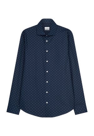 Camicia a maniche lunghe blu navy con pois bianchi, chiusura frontale con bottoni e colletto classico. Realizzata in tessuto leggero con una texture morbida.