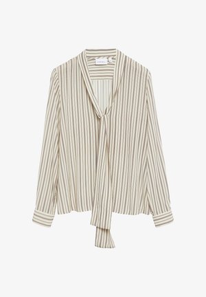 Cremefarbene Bluse mit vertikalen braunen Streifen, langen Ärmeln und einem Bindendetail am Kragen, vor weißem Hintergrund dargestellt.