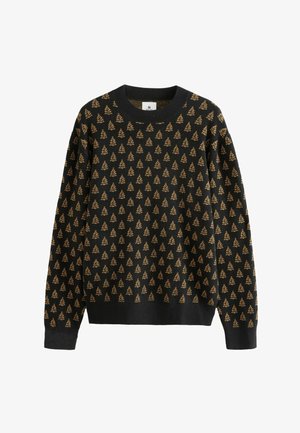 Fekete pulóver, amelyen kis aranyfák ismétlődő mintázata található. Kerek nyakú és bordás mandzsettái textúrát adnak a dizájnhoz.