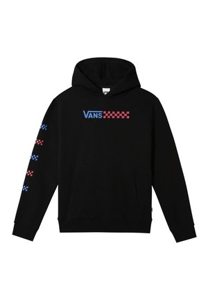 Sweatshirt à capuche noir avec un logo sur le devant en motif damier bleu et rouge, avec des accents assortis sur les manches. Tissu doux.