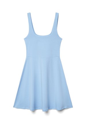 Vestito azzurro senza maniche con corpetto aderente e gonna svasata. Realizzato in tessuto morbido con una texture liscia e scollatura arrotondata.
