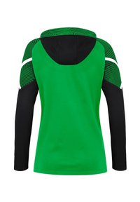 Hoodie-Sportshirt mit grünem Körper, schwarzen langen Ärmeln und strukturierten gr ünen Akzenten an den Schultern mit weißen Streifen.