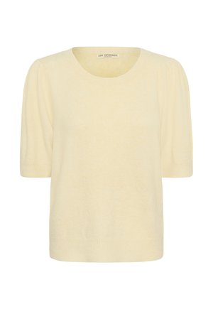 Pull jaune clair à manches courtes avec un col rond, tissu texturé et manches légèrement bouffantes. Ourlet côtelé sans couture en bas.