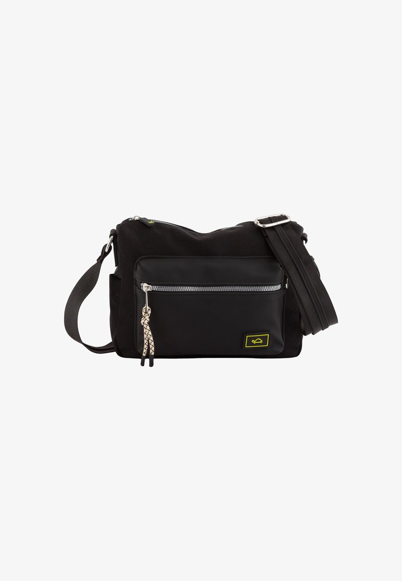 Sort messenger taske med et stof ydre, lynlåsfrontlomme, aftagelig skulderrem og kontrasterende gult logodetalje.
