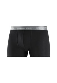 Black cotton boxer briefs with a grey elastic waistband featuring the brand name "COPENHAGEN STUDIOS" in white lettering.