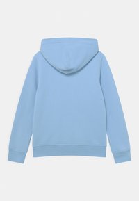 Jasnoniebieska bluza z kapturem, wykonana z miękkiego materiału, z regulowanym kapturem, ściągaczami przy mankietach i na dole, o gładkiej fakturze i bez widocznych wzorów.