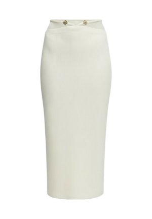 Gonna a matita in maglia a coste color crema con vita alta e due piccoli bottoni decorativi dorati in vita.