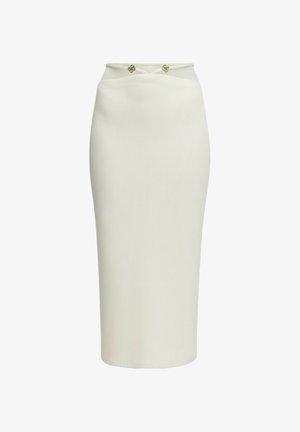 Gonna a matita in maglia a coste color crema con vita alta e due piccoli bottoni decorativi dorati in vita.