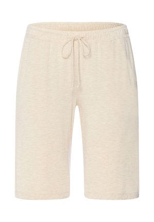 Béžové šortky do kolen s elastickým pasem a stahovací šňůrkou, vyrobené z měkké, lehké látky.