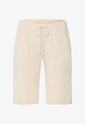 Beige knælange shorts med elastisk taljebånd og snøre, lavet af blødt, letvægtsstof.