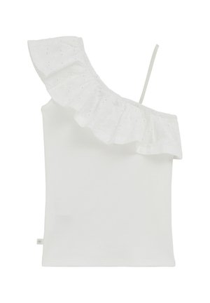 Biely asymetrický top bez rukávov s volánikovou látkou s dierkami na jednej strane a tenkým ramienkom na druhej strane.