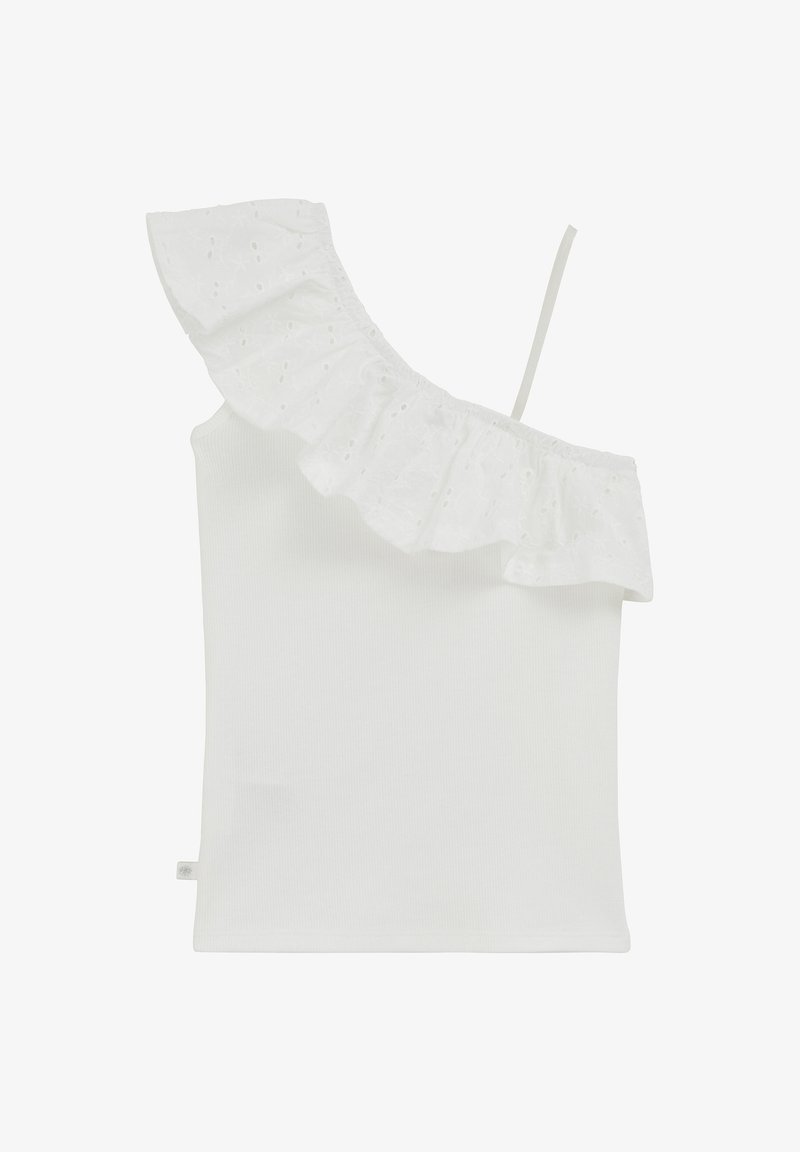 White one-shoulder sleeveless top with ruffled eyelet fabric on one side and a thin strap on the other side.