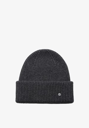 Beanie a coste grigio scuro con ribattitura e bordo ripiegato, dotato di una piccola etichetta circolare in metallo sul polsino.