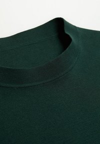 Dunkelgrüner strukturierter Pulloverkragen mit einem gerippten Design und einem runden Ausschnitt, der saubere Nähte entlang der Kanten aufweist.