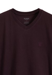 Burgundowa koszulka V-neck wykonana z miękkiej bawełny, z małym haftowanym logo. Materiał ma gładką strukturę.
