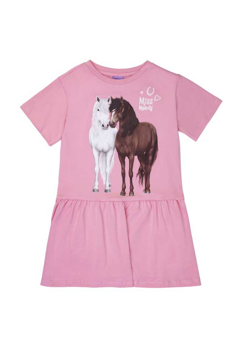Vestito rosa a maniche corte con gonna arricciata, con cavalli bianchi e marroni e testo "Miss Melody" con cuori e grafica a ferro di cavallo.