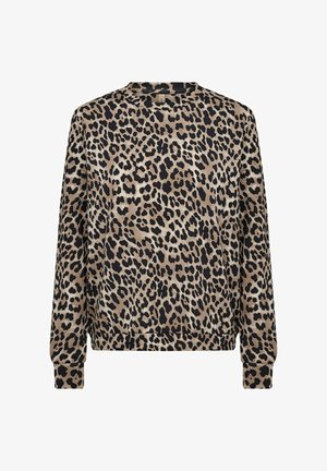 Mikina s dlhými rukávmi a okrúhlym výstrihom v béžovo-čiernej leopardej tlači.
