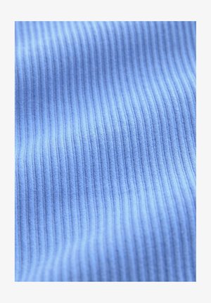 Tissu côtelé bleu clair avec des lignes verticales, texture douce, surface uniforme et léger éclat. Convient pour des vêtements ou des travaux de tapisserie.