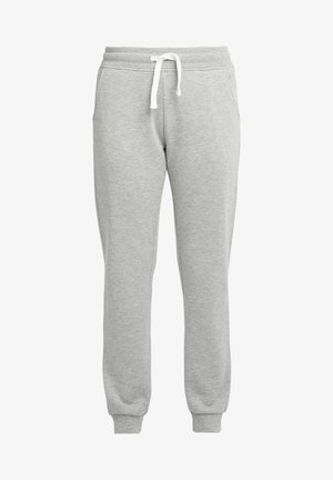 Harmaat puuvillaiset collegehousut, joissa on joustava vyötärö, säädettävä nauha, sivutaskut ja tiukat hihnat nilkoissa. Sileä pinta.