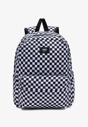 Black and white checkered backpack made of durable fabric, featuring a front zip pocket and padded shoulder straps for comfort.