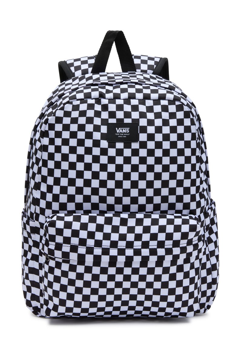 Black and white checkered backpack made of durable fabric, featuring a front zip pocket and padded shoulder straps for comfort.